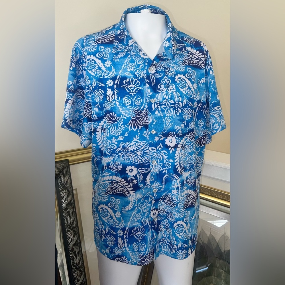 Simassha Men’s L Blue Floral Paisley Hawaiian Shirt Casual Cruise Beach Travel